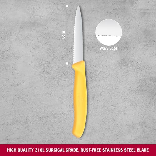 Image of Victorinox Swiss Made, Stainless Steel Swiss Classic Paring Knife, 8 cm, Wavy Edge with Pointed Tip, Professional and Household Use, Kitchen Tools & Items, Yellow, 6.7638.C1 | Multipurpose Knife