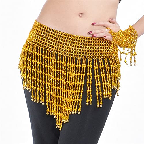 ZSXPBZL Ceinture Danse Orientale,Robe Danse Orientale Chaîne de Taille Triangulaire for Danse du Ventre, Perles de Hanche, Pompon, Cloches, écharpe, Ceinture de Danse, Argent doré(B