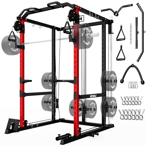 Goimu R1-V4 Power Cage Rack, 2000LB Squat Rack with Cable Crossover System, Multi-Function Weight Cage, Home Gym Workout Machine with More Training Attachments (R1-V4-Power Cage RD)
