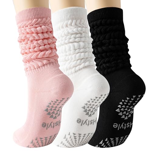 Hstyle Grip Pilates Socks for Women, Slouch Scrunch Yoga Barre Socks for Hospital Workout
