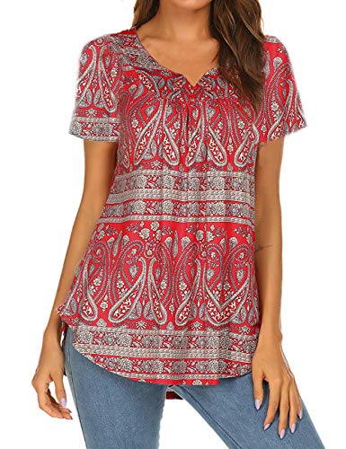 Summer Tunics for Leggings Women Casual Short Sleeve Shirts Paisley Button-up Blouses Maternity Tops Red XL