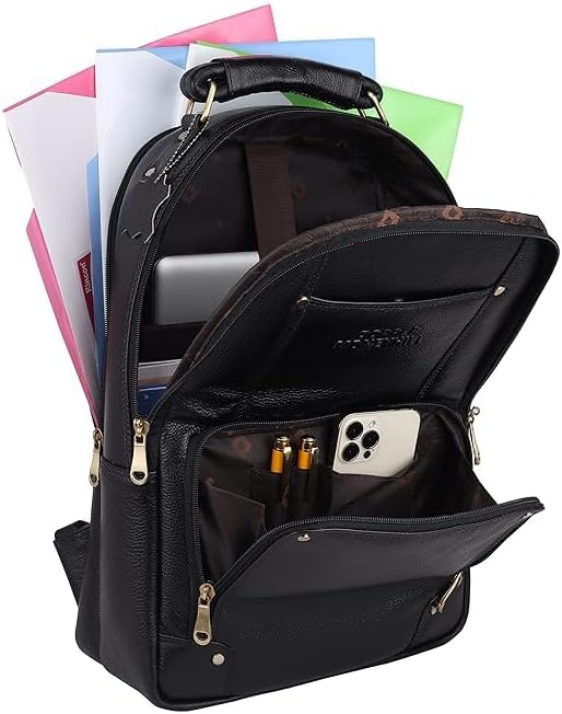 LV Full Grain Natural Leather Laptop Backpack For Men And Women Office And College 17 Inch Backpack Bag, Black, M, Backpacks