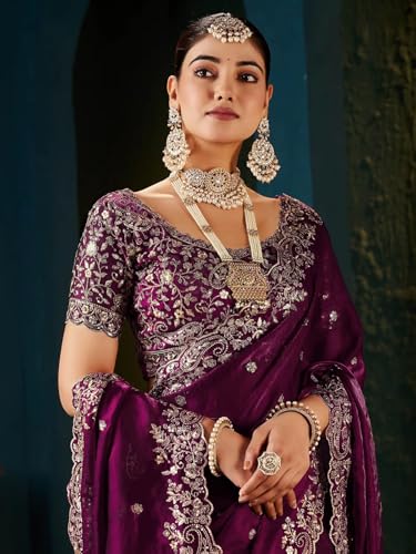 Image of SIRIL Women's Tissue Silk Sequence Embroidery Saree with Unstitched Blouse Piece