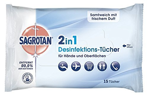 Sagrotan 2in1-Desinfektionstücher – Zum Desinfizieren von Händen und Oberflächen – 7 x 15 Feuchttücher in wiederverschließbarer Verpackung
