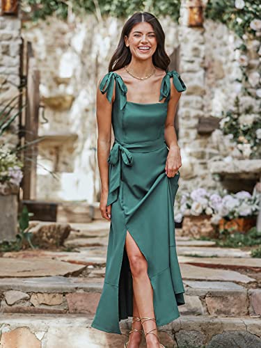 Cupshe X Madison Women's Love Belted Tie Strap Dress Pleated Smocking Slit Formal Dress Maxi Dress Green #TOP7