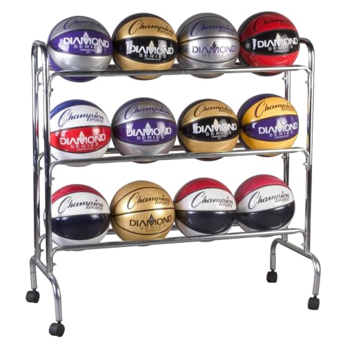 Champion Sports Three Tier Basketball Storage Cart Rack, 12 Ball Capacity (Silver)