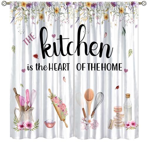 Rustic Floral Kitchen Curtains Spring Floral Leaf Plants Farmhouse Country Botanical Rod Pocket Wooden Board Farm Nature Bedroom Living Room Treatment Fabric 31.5x72in,2 Panel Set