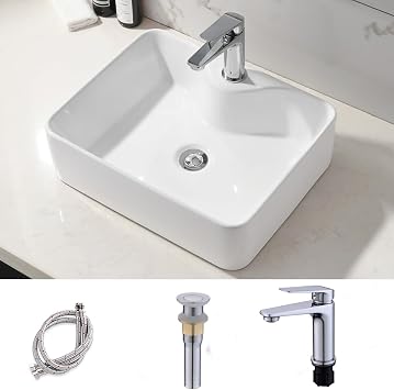 16x12 Inch White Bathroom Vessel Sink with Faucet Above Counter | Sink Bowl for Bathroom, Porcelain Ceramic Rectangular Top Mount Hand Wash Art Basin with One Hole, Easy Install
