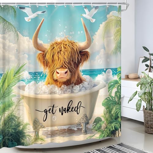 LSDTLS Beach Highland Cow Shower Curtain Funny Cattle in The Bathtub Summer Ocean Tropical Palm Tree Hawaii Seascape Creative Farmhouse Animal Fabric Bathroom Decor Curtain Sets with Hooks 70" WX70 H -  LSDTGS