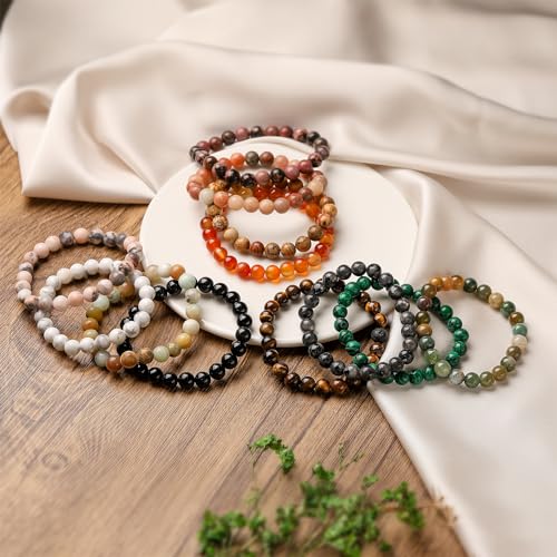 5PCS Semi-Precious Gemstone Bracelets | Gift Package | Healing Crystal Stone Beaded Bracelets for Women Men 8mm Round Beaded Stretch Bracelets Unisex Stress Relief Yoga Bracelets2