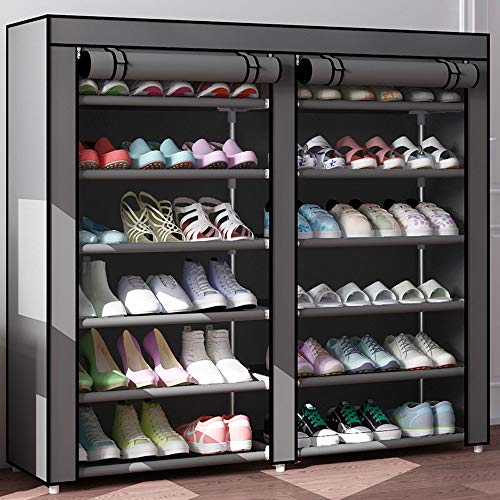 6 Tier Shoe Rack Organizer For 36 Pair Shoes, Double Rows 12 Lattices Free Standing Shoe Cabinet Storage Shelf Holder With Non-Woven Fabric Dustproof Cover,Large Portable Closet Shoe Tower (Gray) #TOP2