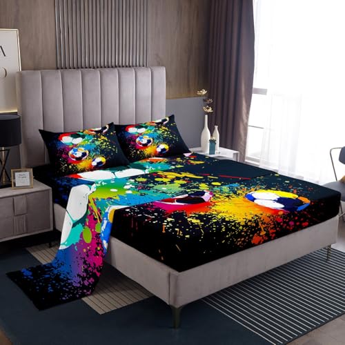 Feelyou Sport Bedding Set for Girls Boys Children Kids Football Bed Sheet Set Sports Theme Games Fitted Sheet Colorful Tie Dye Room Decor Soccer Ball Pattern Bed Cover Bedding Sheet Queen Size 4Pcs