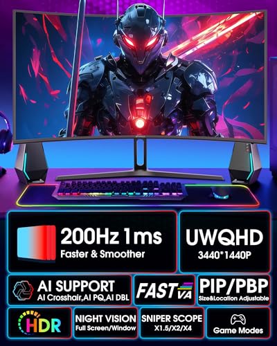 Image of SANSUI 34 Inch UWQHD 200HZ Curved Gaming Monitor, FastVA 3440x1440P Ultrawide 1500R Curved Gaming Computer Monitor 21:9 with PIP PBP, AI Tech Enhance, 2xHDMI2.1 DP1.4 Ports(HDMI2.1 Cable Incl.)