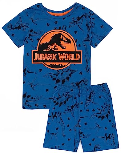 Image of Jurassic World Boys Pyjama Set | Blue Short Sleeve T-Shirt and All Over Print Shorts PJs For Kids | Orange Logo with All Over Dinosaur Print Film Loungewear | Nightwear Pyjama Gifts for Children