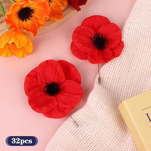 Image of 32 Pcs Memorial Day Red Black Poppy Artificial Flower Brooch Pin Bulk Lest We Forget Fake Flower Head Gifts for Women Men Hero Veteran Remembrance Day