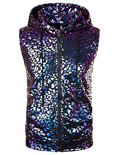 Image of ZEROYAA Mens 70s Metallic Sleeveless Hooded Vest T Shirt | Shiny, Disco, Sparkle, Party, Dance, NightClub, Halloween, Cosplay, Hipster, Kangaroo Pocket, Zip Up