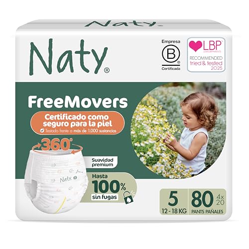 Naty FreeMovers Pañales Pants | Pañales Braguita Certificados para Piel Sensible | Suaves, Sin Perfume | Absorbentes y Anti-Fugas | Unisex Bebé y Niño | Talla 5 (12–18 kg), 80 Unidades