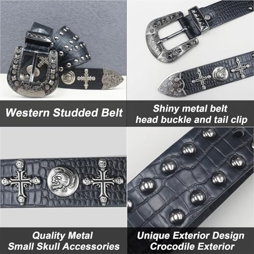 Black Western Cowboy Belt for Men Women Western Cowboy Cowgirl Y2k Studded Belt Western Punk Studded Belts3