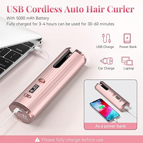 Cordless Hair Curler, Portable Automatic Curling Iron, Professional Anti-Tangle Wireless Curling Wand for Long & Short Hair Styling Home Travel, with 6 Temperature & Timer, LCD Display, USB Cable
