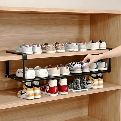 HASTHIP® Hanging Under Shelf Storage Rack for Shoe Cabinet 40-65cm Telescopic Shoe Shelf with 10cm Spacing, Internal Space Expanding Rack Under Shelf Organizer for Sneaker, Slippers, Kitchen, Wardrobe