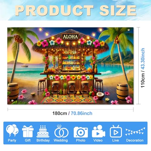 Image of BlissYard Aloha Tiki Bar Banner 71 x 43 Inch Hawaiian Luau Backdrop Tropical Beach Summer Party Decorations Hibiscus Palm Tree Photo Booth Background Indoor Outdoor Wall Decor