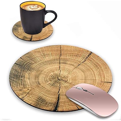 LACOMA Round Mouse Pad and Coasters Set, Wood Arts Design Mouse Pad, Non-Slip Rubber Base Mouse Pads for Laptop and Computer, Cute Design Desk Accessories Cover