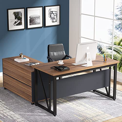 Tribesigns 55 inches Executive Desk and 43" lateral File Cabinet, L-Shaped Computer Desk Home Office Furniture with Drawers and Storage Shelves, Office Table with Cabinet