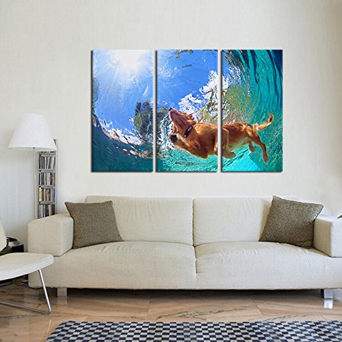 Kreative Arts - 3 Pieces Large Canvas Wall Art Golden Retriever Dog Swimming Under Sea Picture Modern Giclee Print Gallery Wrap Home Decor Ready To Hang 16X32Inchx3Pcs #TOP1