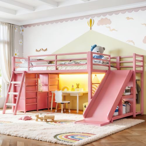 Bellemave Twin Size Kids Loft Bed with Slide 7 Drawers & LED Lights Metal Twin Loft Bed Frame with Storage Shelves & Hanging Area for Boys Girls Childrens Room Pink