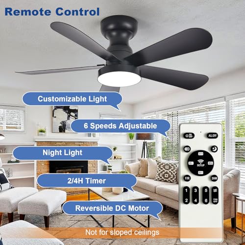 Image of Depuley Black Ceiling Fan with Lights: 35-Inch Flush Mount Fan with Light and Remote - Low Profile Ceiling Fans Reversible Quiet DC Motor for Bedroom Living Room Indoor Outdoor