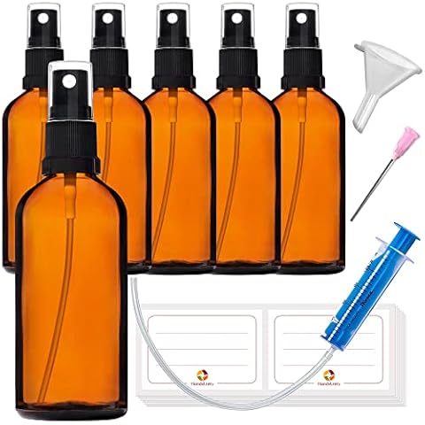 HandsUnity 100ml-6Stk Sprühflasche Glasflasche Bernstein Apothekenflaschen-Set mit schwarzer Zerstäuber Glassprühflasche aus Braunglas mit 17 Stk Zubehörteilen Cover