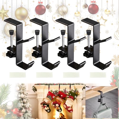 4PCS Mantle Hanger Hook for Garland Fireplace Xmas Stockings Hangers Pole with 2 Hooks Aluminum Adjustable Heavy Duty Stockings Holder Suitable for Shelf Table Edge