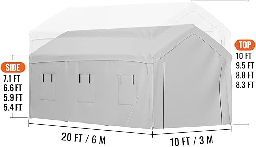 Miniatura 8 de VEVOR Toldo para automóvil de 10 x 20 pies refugio de garaje resistente con 8 patas paredes laterales y ventanas extraíbles tienda de campaña de