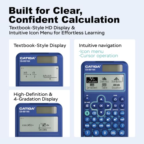 Image of CATIGA Blue Scientific Calculator with Textbook-Style HD Display, Solar & Battery Scientific Calculators for College, High School & Engineering Students, Icon Menu & Magnetic Hard Case, CS-991NX