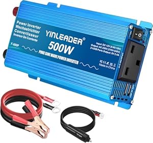 Yinleader 500W Pure Sine Wave Power Inverter DC 12V to 240V AC Car Power Converter /1000W (Peak) With 2 USB Ports 1 AC Socket for Phone, Pad, Laptop, LED, Camping, RV, Travel