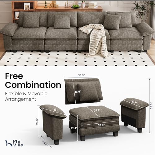 Image of PHI VILLA Cloud Modular Couches Sets, 157.5 inch Sectional Sofa with Upholstered Deep Seat, 4-Seater Long Couches for Living Room Apartment, Chenille Fabric, Smoky Grey