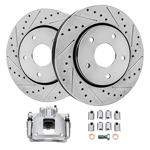 Image of Detroit Axle - Front Brake Kit for 2009-2012 Dodge Journey Drilled & Slotted Brakes Rotors Left Brake Caliper w /Bracket 2010 2011 Replacement [11.89 inch Rotors]