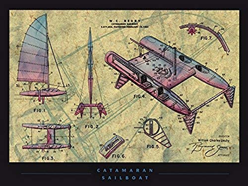 Catamaran Sailboat 24x18 Art Print Poster Catamaran Sailboat Patent Design Drawing Mechanical Design and Dimension Inventor W.C. Beuby