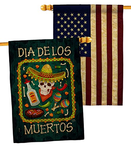 Breeze Decor Calavera Sugar Skull Burlap House Flag Pack Fall Day of Dead Dia De Los Muertos Fiesta Mexican Party Autumntime Vintage Applique Banner Small Garden Yard Gift Double-Sided, Made in USA