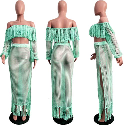 ECHOINE Women Sexy Two Piece Skirt Set - Tassel Hollow Out Off Shoulder High Split Cover Up Bikini Beach Dresses2
