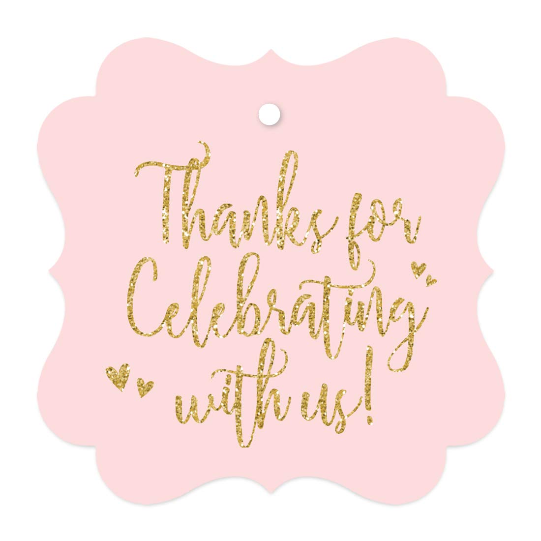 Andaz Press Blush Pink Gold Glitter Print Wedding Collection, Fancy Frame Gift Tags, Thanks for Celebrating with US, 24-Pack Thank You Tags Pink