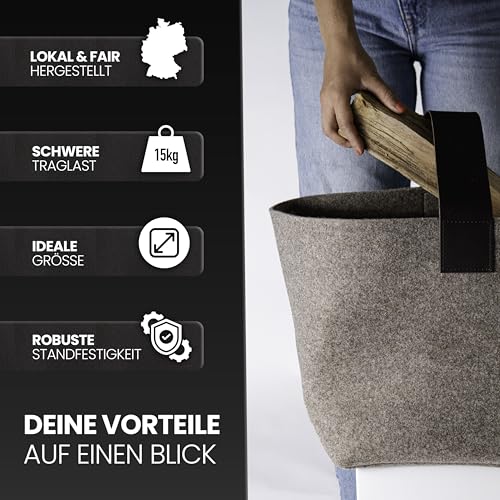 Panier à bois de cheminée en feutre rPET et cuir véritable haut de gamme