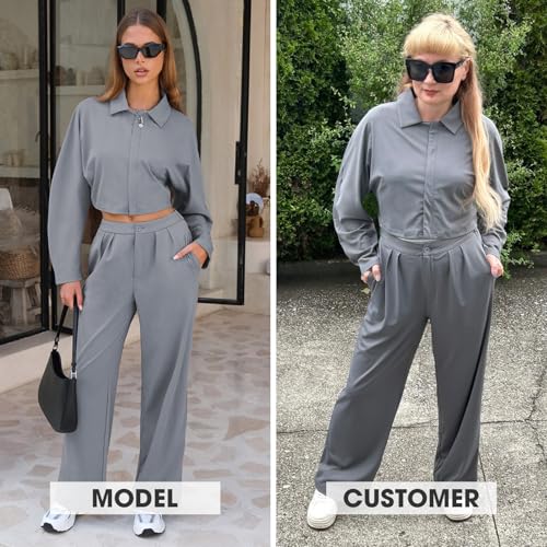 EXLURA Womens Fall 2 Piece Outfits Long Sleeve Zip Up Crop Jackets Long Wide Leg Pant Suits Airport Travel Matching Sets 20253