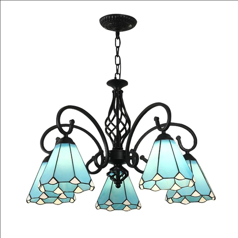 Lustre bleu Tiffany à 8 abat-jours | Suspension conique en verre pour salon