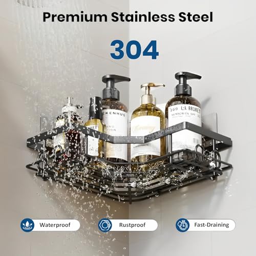 Image of JD FRESH Stainless Steel 3 in 1 Self Adhesive Bathroom Shelf for Wall /Stand for Bathroom Accessories Holder /No Drill Corner Rack for Organiser /Wall Corner Shelf for Bathroom Racks and Shelves(Black)