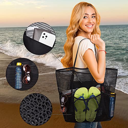 Tainehs Mesh Beach Tote Large Bag Shopping Bags Grocery Bag 2023 Upgrade For Women With Multiple Pockets For Family Travel Swimming Waterproof Pool Bag Black #TOP2