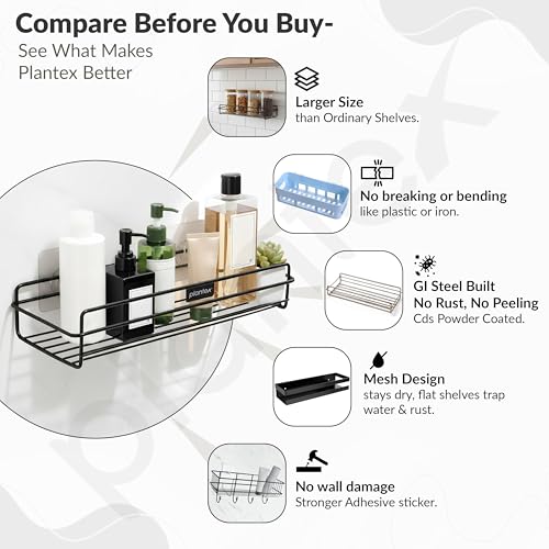 Image of Plantex Self Adhesive Bathroom Shelf Rack /Bathroom Organiser Without Drill /GI-Steel Shelf for Kitchen with Magic Stickers /Bathrooms Accessories- (12x5 inches,Black)