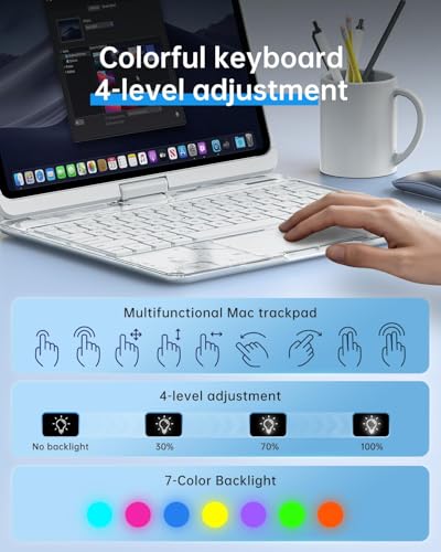 Image of Transparent Keyboard Case for iPad Pro 11 inch (M5 /M4, 2025 /2024) Wireless Keyboard with 7 Colors Backlight, 360 Rotatable Protective Case with Pencil Holder, Multi-Touch Trackpad, Thin & Light, White