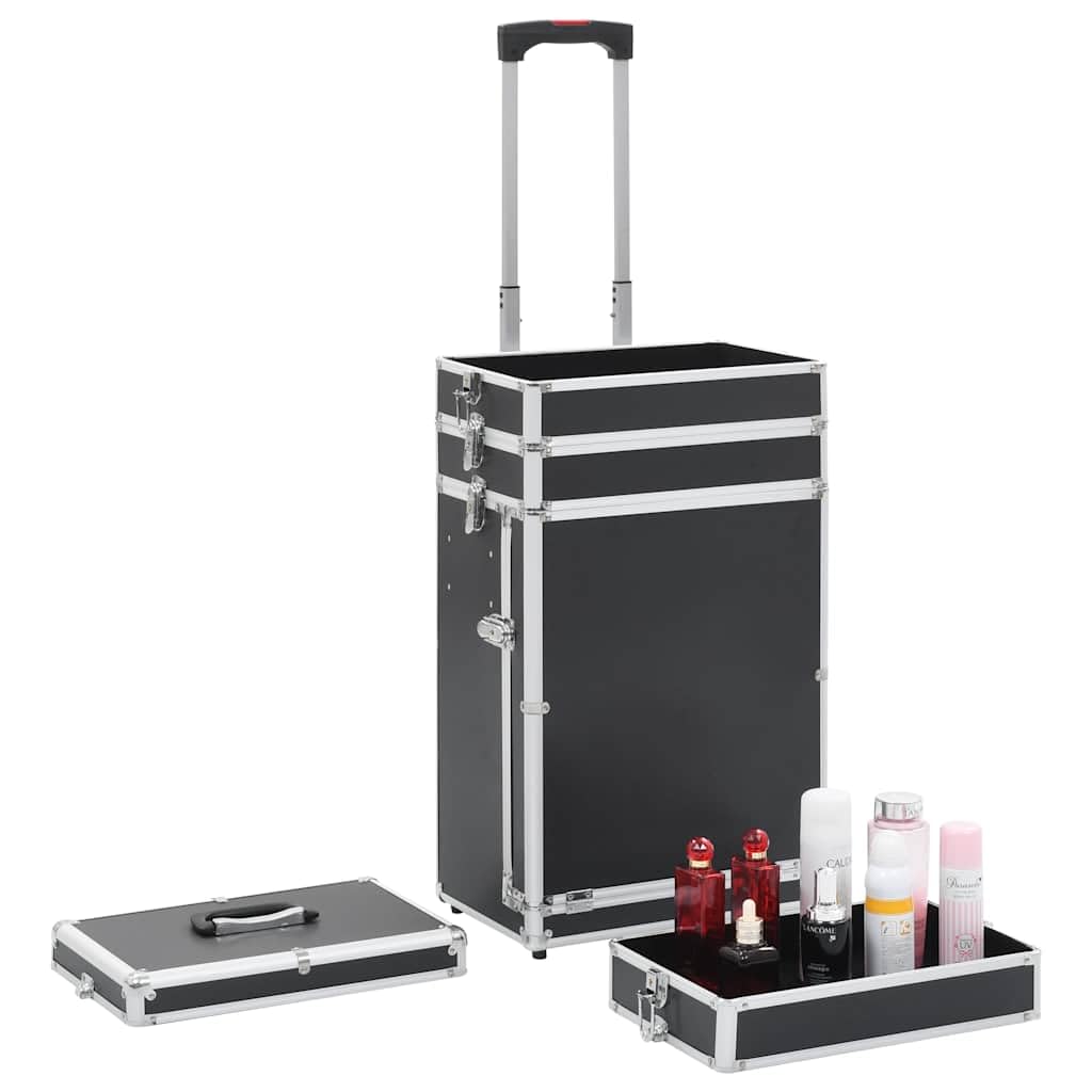Walizka na kosmetyki aluminiowa czarna z 4 stopniami, 1 szuflada 37 x 24 x 74 cm, zdejmowane kółka, organizer do makijażu, produkt do pielęgnacji, podróż, bagaż podręczny