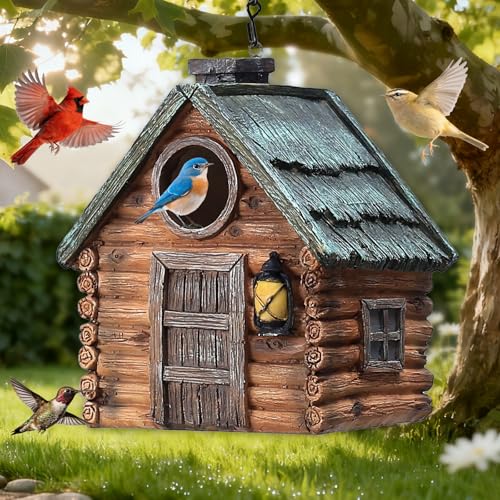 Bird Houses for Outside Real Wood-Look Resin Bird House with Hanging Chain – Waterproof & Durable Forest Birdhouses for Outdoors for Bluebird Finches Cardinals Bird Nesting Garden, Patio, Yard